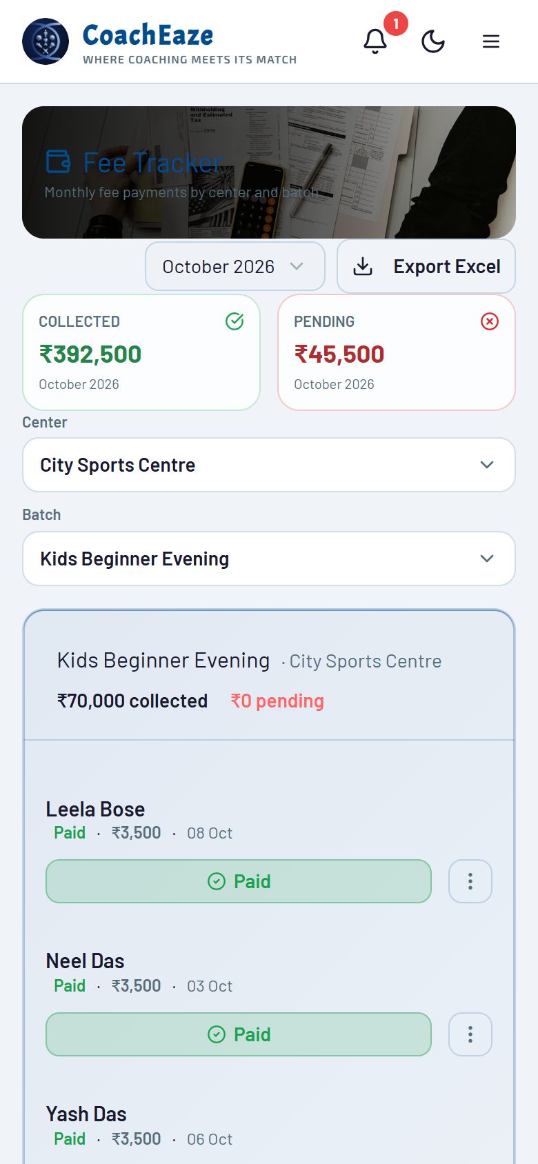 Fee tracking screen